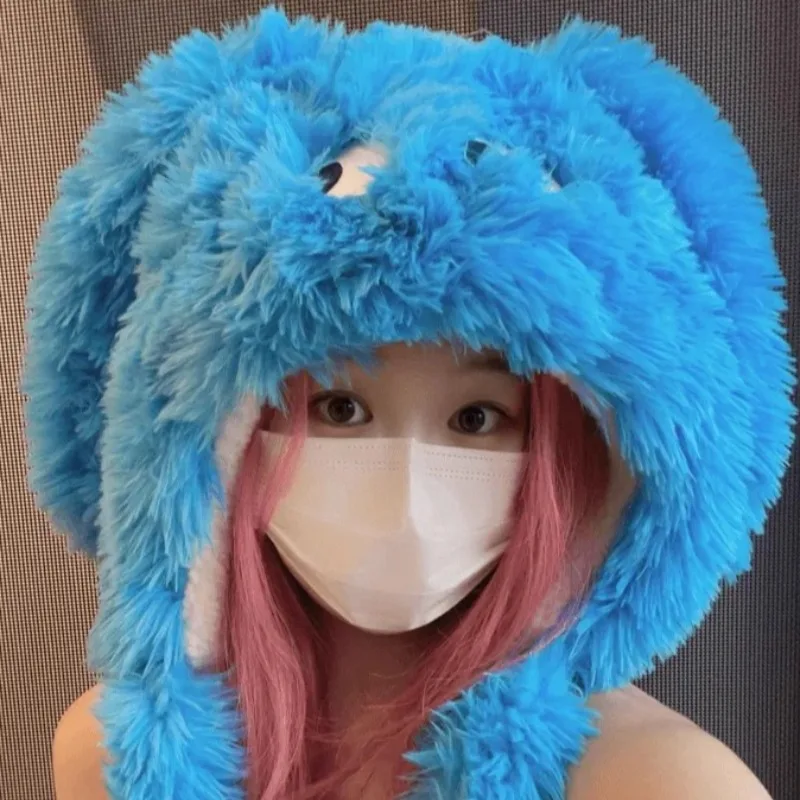 귀여운 큰 눈 강아지 귀 플러시 모자 두꺼운 따뜻한 레이스업 레이펑 스타일 여성용 가을 겨울 소녀 귀 보호 모자
