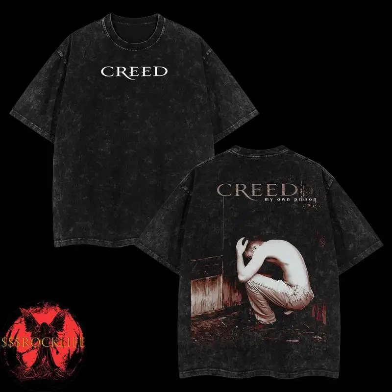 

[$$$ROCKLIFE] Creed My Own Prison Washed T-Shirt, Double Printed Oversized Music Band Washed Tee, Rock Band Double Printed Washe