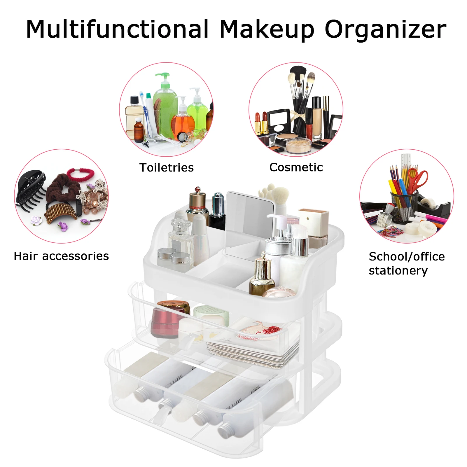 منظم مكياج شفاف، طبقة واحدة/2-طبقة كبيرة لعرض مستحضرات التجميل، صندوق تخزين، حامل فرشاة، حقيبة تخزين المجوهرات