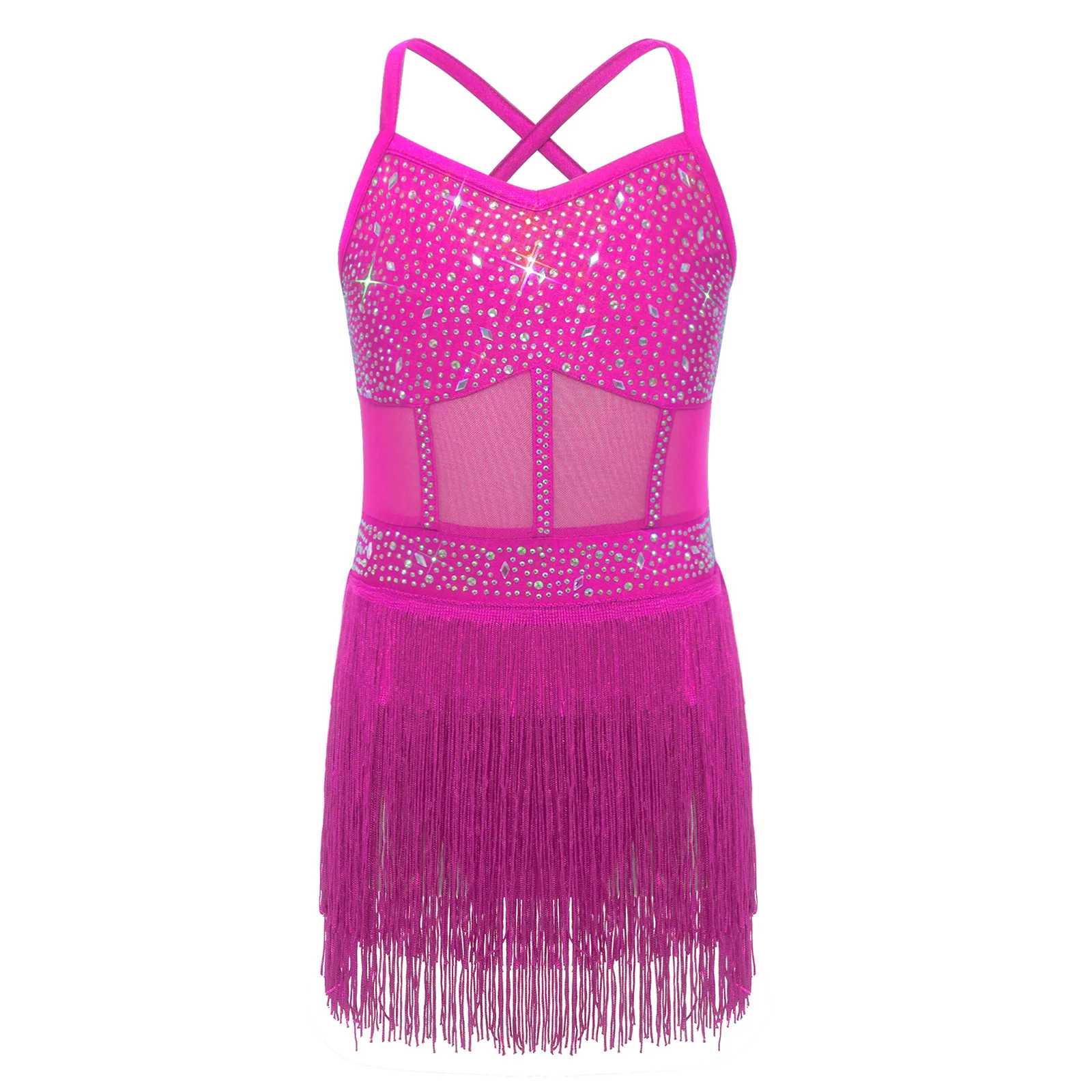 Kids Girls Latin Tango Dance Leotard Shiny Rhinestone Sheer Mesh Tassel Bodysuit Dress Cha-cha Samba Rumba Ballroom Costume