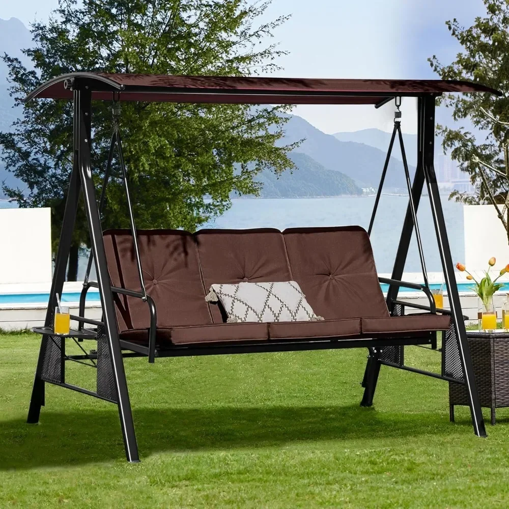 

Garden Street Swing 3-Seat Swing Chair Furnitures 3 Pillows & Removable Cushion 2 Side Trays Outdoor Garden Hammocks Chairs