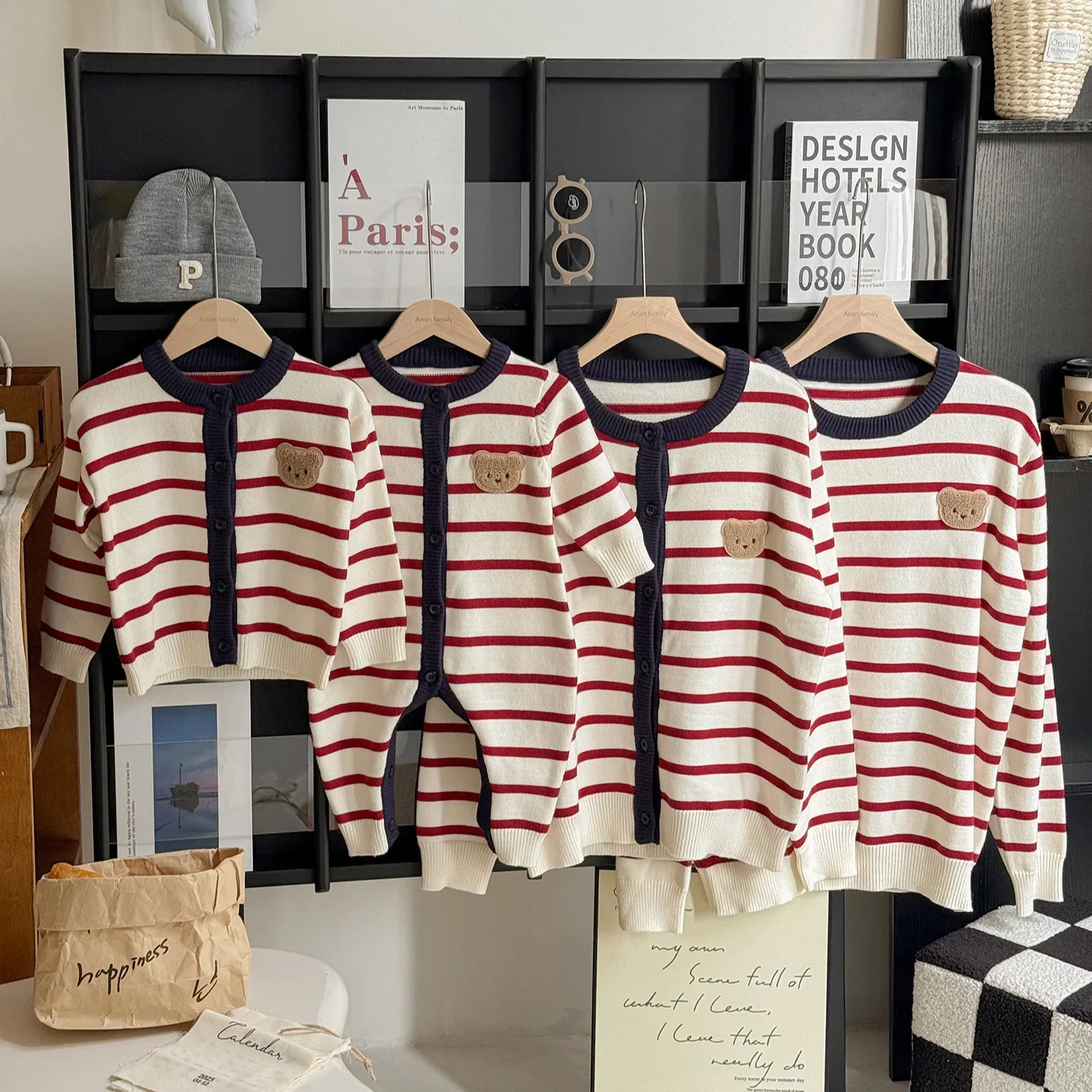 2025 Autumn Winter Family Matching Knit Cardigan Striped Pattern Casual Wear Toddler Boys Girls Parents Sweater Newborn Romper