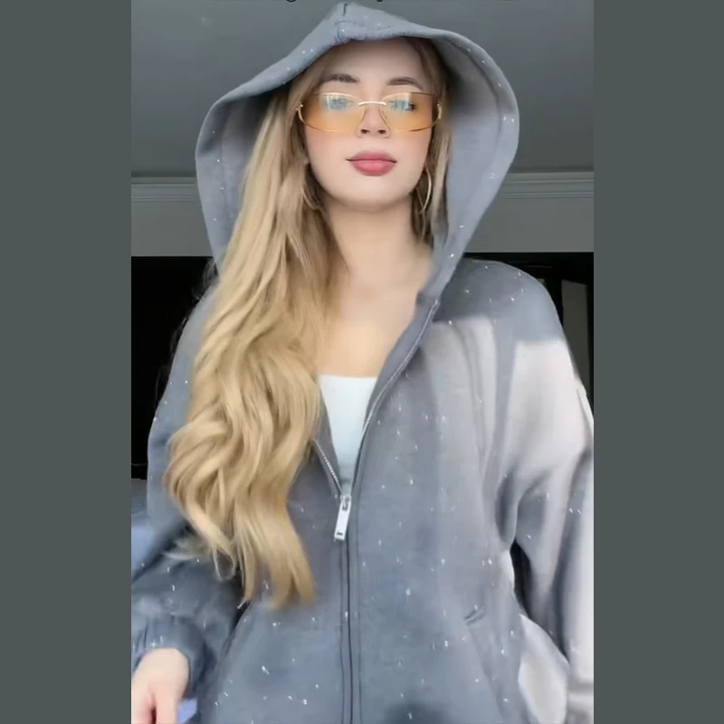 Autumn Warm Street Hooded Zipper Sweatshirt Lady Classical Puffy Mini Skirt Rhinestone Exquisite Trendy Casual 2 Piece Set