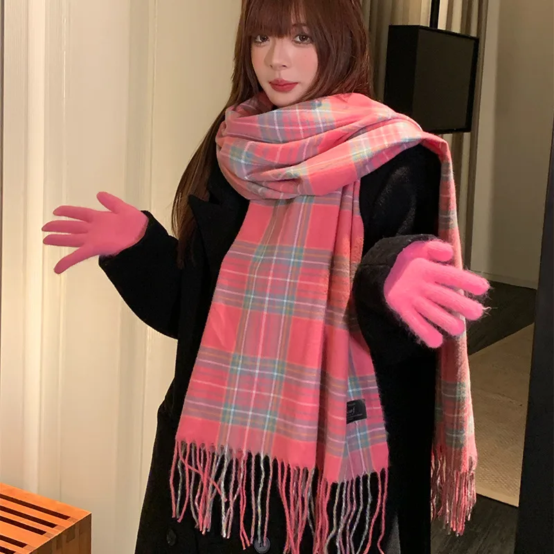 2023 Gentle Christmas Ins Style Pink Girl Tassel Scarf Female Winter Plaid Shawl Korean Version of The Scarfs Thickening