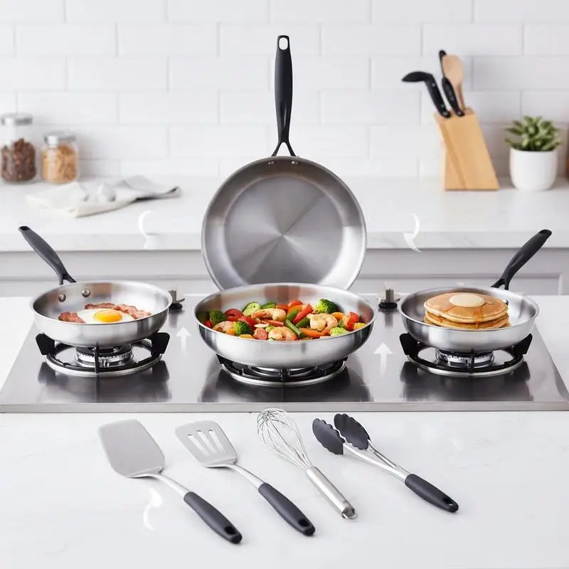 Poêles de cuisson en acier inoxydable, lot de 3 tailles différentes, compatibles induction et gaz, équipement de cuisine résistant, expédition depuis l'entrepôt local