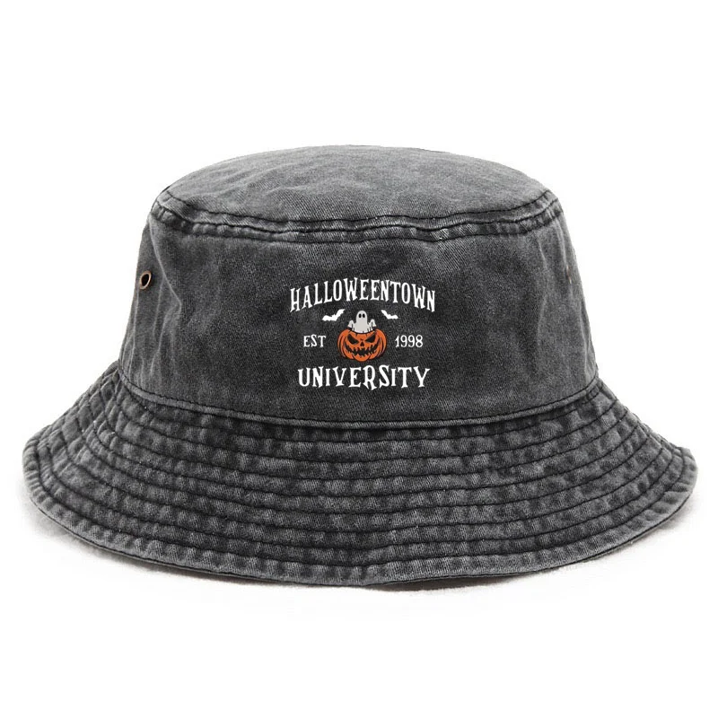 تخصيص قبعة دلو القطن المغسول جامعة هالوينتاون خمر ريترو لينة قابل للتعديل للجنسين عادية قبعة الشمس مهرجان هدية