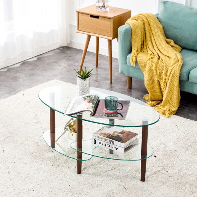 

Transparent Oval glass coffee table, modern table in living room Oak wood leg tea table 3-layer glass table