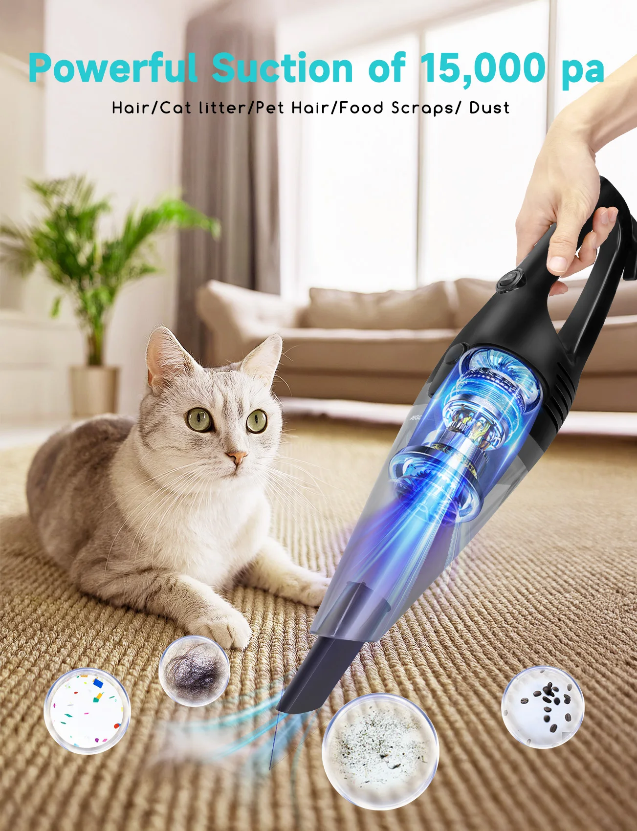 مكنسة كهربائية سلكية 4 في 1 من Aigostar، مكنسة كهربائية بقوة 600 وات، سعة 15 كيلو باسكال، سعة 1.2 لتر، خفيفة الوزن ومثالية للمنزل