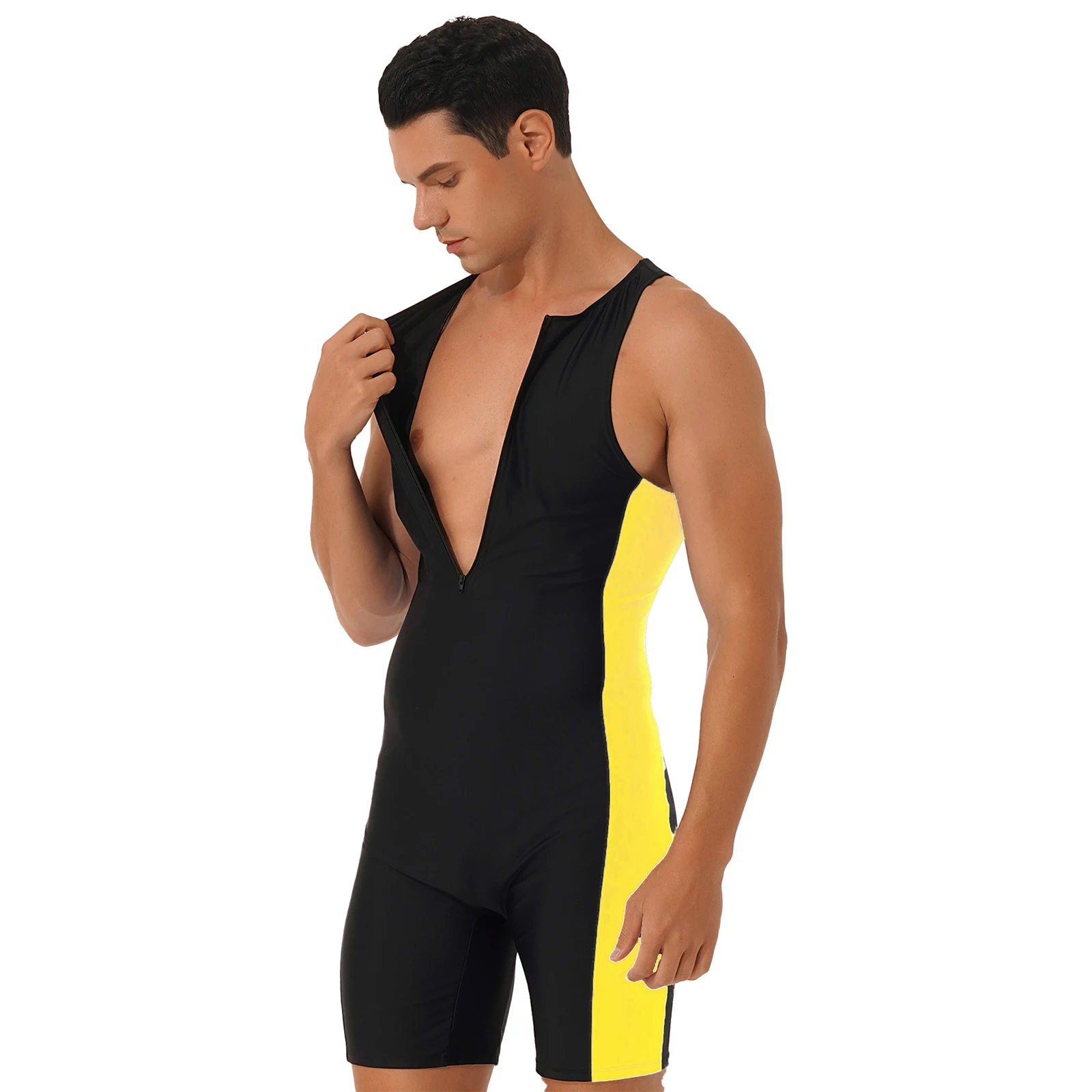 Men\'s Swimsuit One-piece Swimwear Round Neck Sleeveless Side Shorts Bodysuit Triathlon Wetsuit for Beach Pool Swimming Bathing