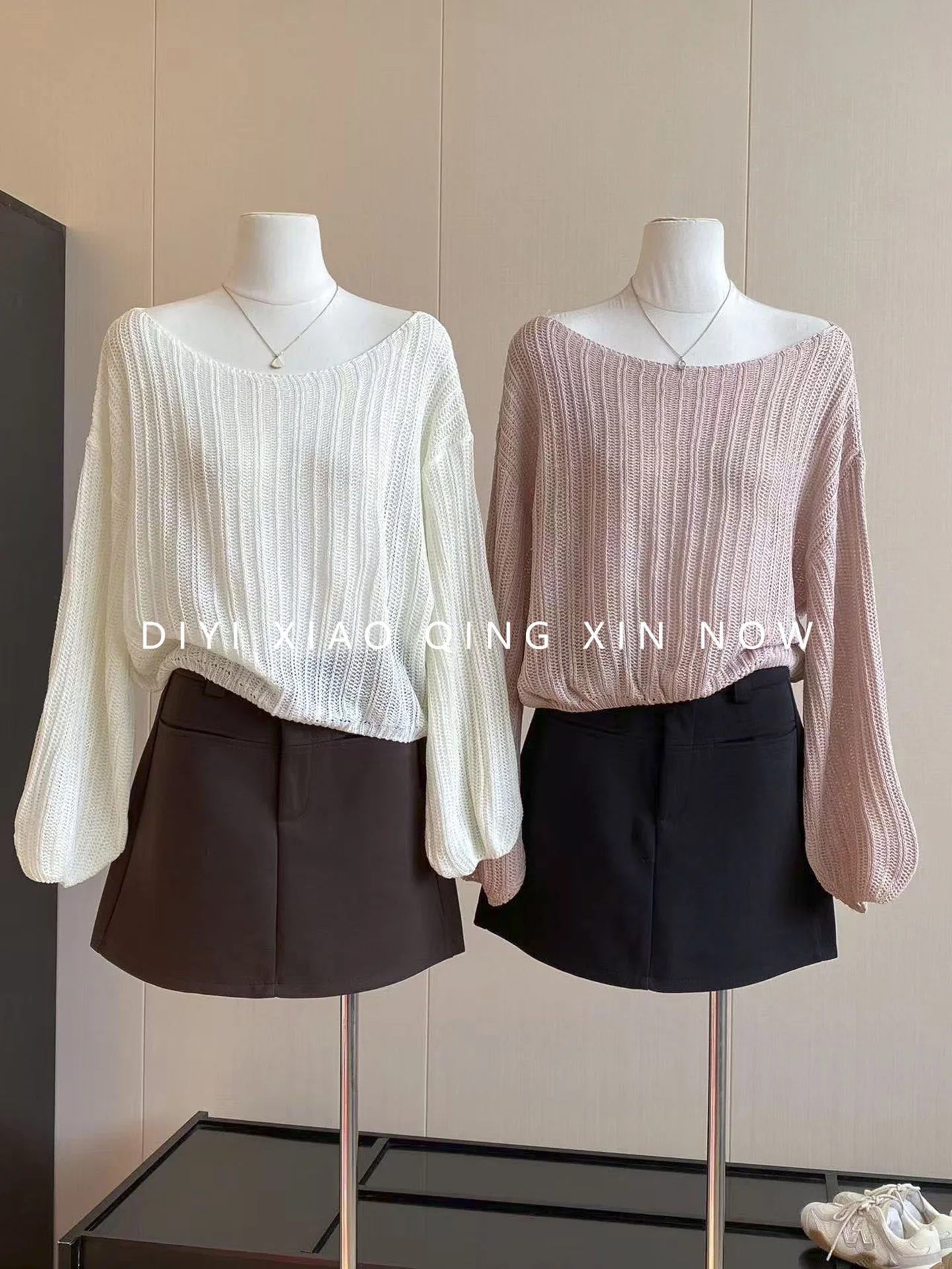 Retro Lazy Style Off-Shoulder Long Sleeve Knitted Sweater Women's Loose Slimming Shoulder Exposure Overhead Polyester Fiber