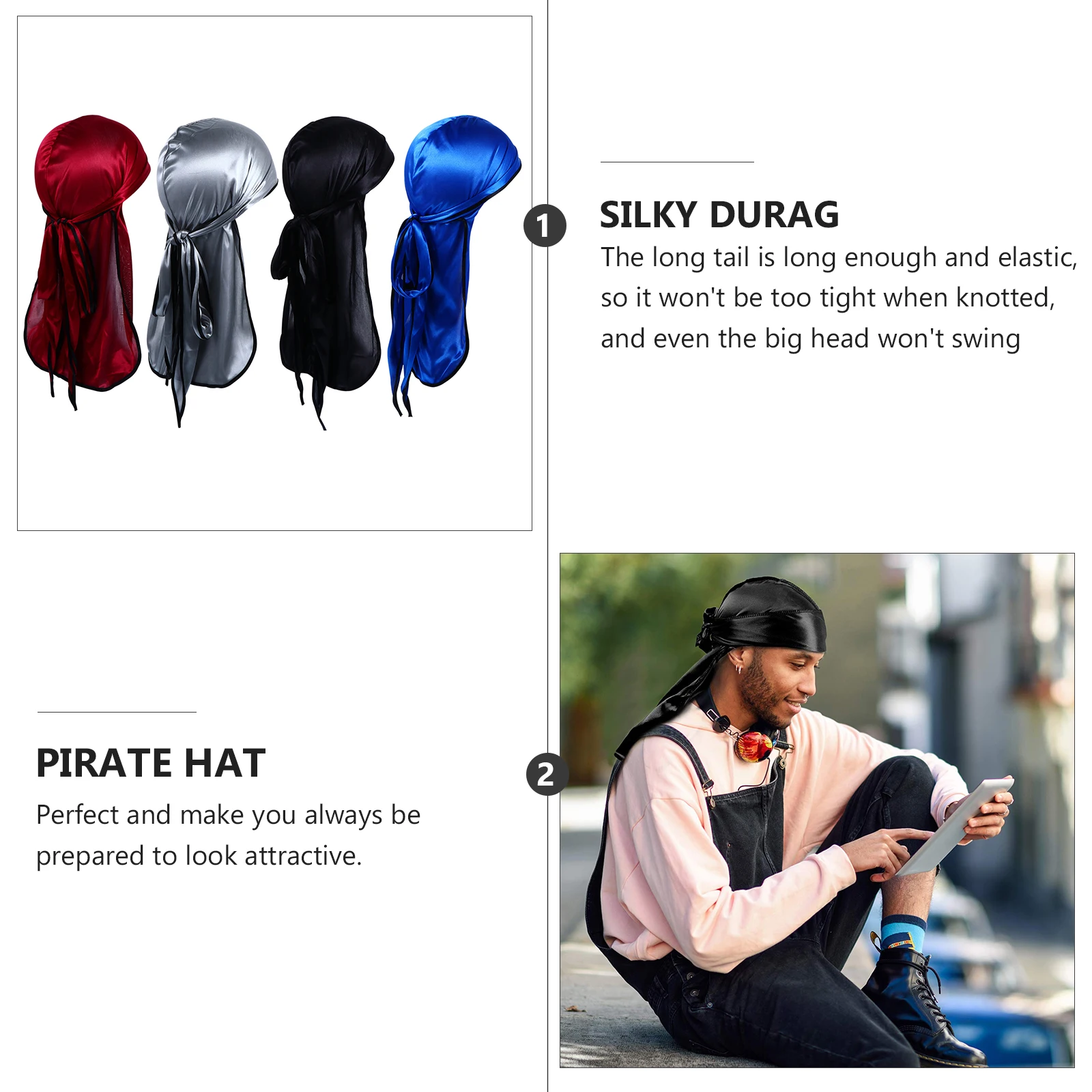 

Silky Durag Large Long Tail Headwrap Smooth Flexible Breathable Elastic Pirate Hat Polyester Turban Hair