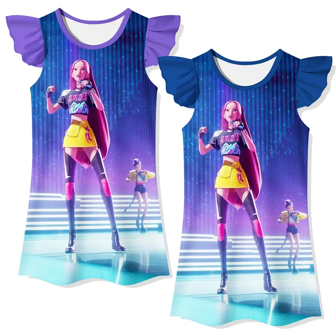 

New KPop Demon Hunters Kids Cosplay Costume Baby Girls Summer Dress Flying Sleeved Dress For Birthday Carnival Halloween Clothes