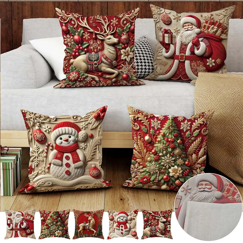 

1/4pcs Xmas Linen Cushion Covers Snowman Reindeer Cartoon Snowman Pillowcase for Living Room Decoration 쿠션커버 45×45 Kissenbezug