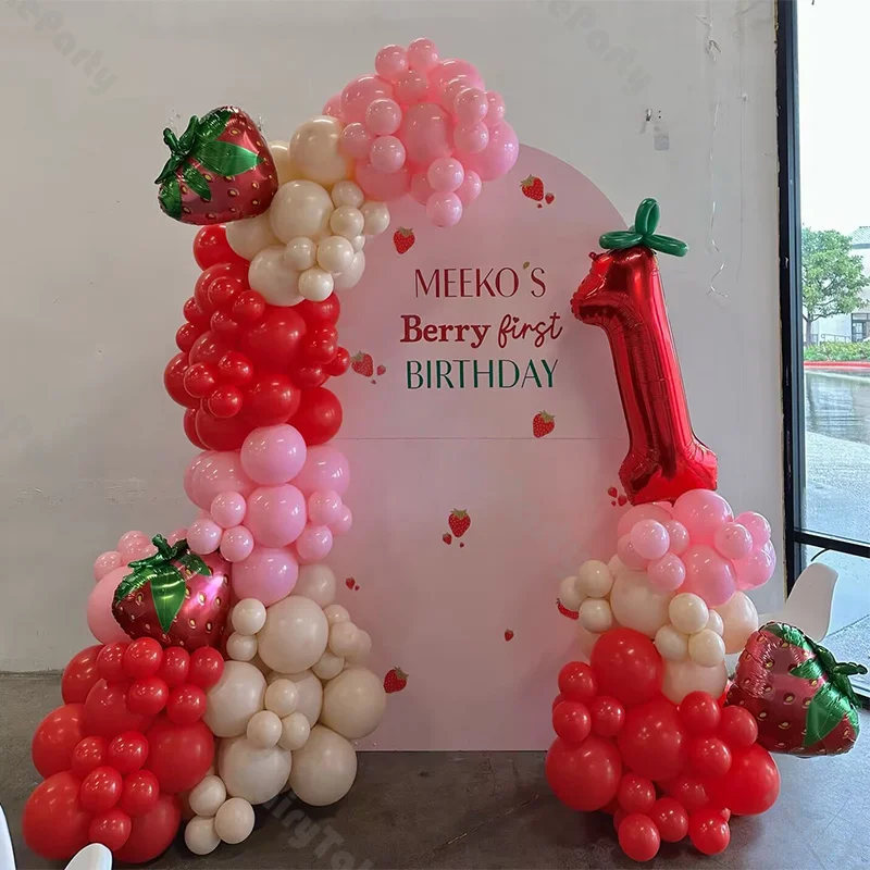 145pcs Strawberry Christmas Party Decoration Balloons Red Numbers and Strawberry Balloon Set Pink and White Latex Balloon Arches