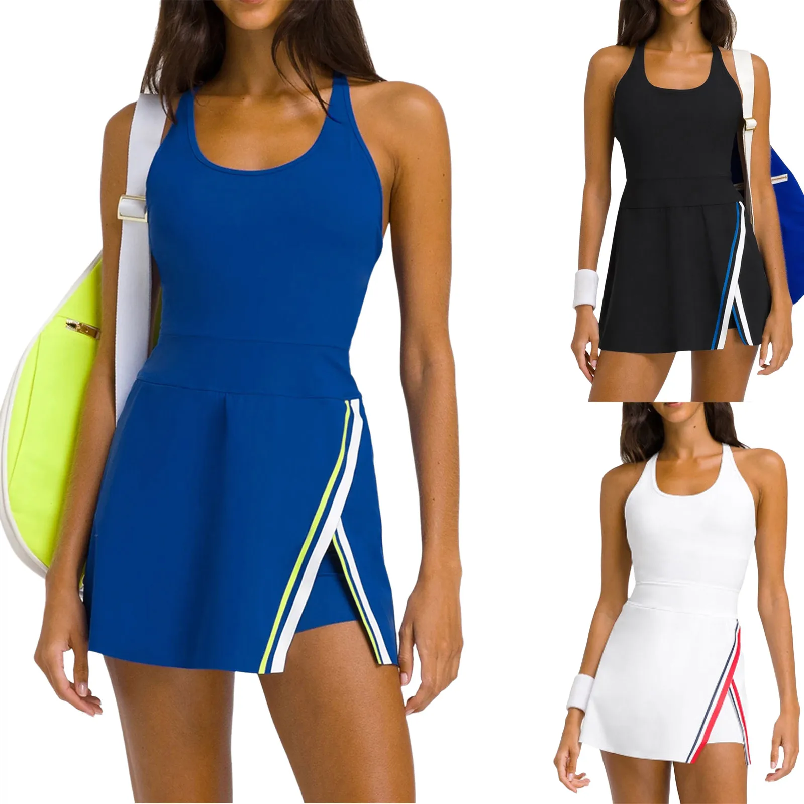 #XS-XL Women Quick-Drying Golf Dress U Neck Sleeveless Removable Chest Pads I-back Dress with Elastic Waistband Shorts