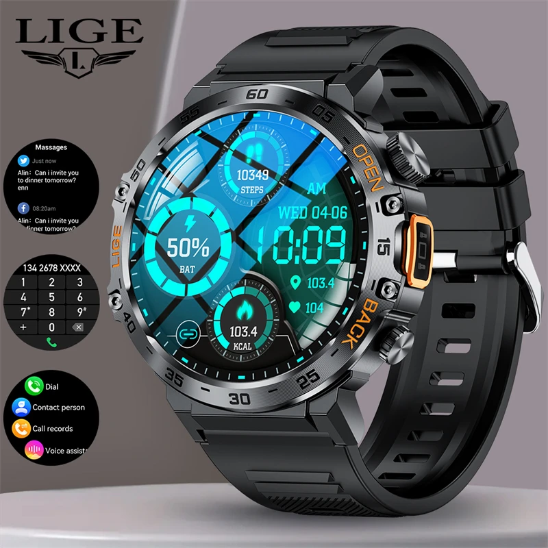 LIGE AMOLED HD Screen Smart Watch Men Waterproof Sport Fitness Watches Flashlight Men Wireless Calling Smartwatch For Andrio IOS