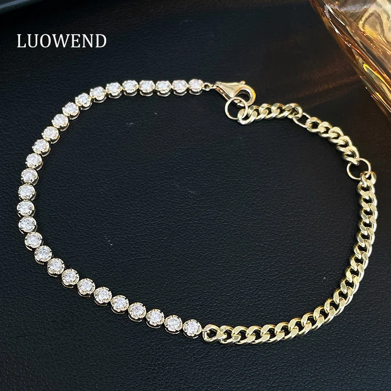 LUOWEND 100% 18K Yellow Gold Bracelet Women Fashion Cuba Chain Luxury 1.0carat Real Natural Diamond Bracelet High Party Jewelry