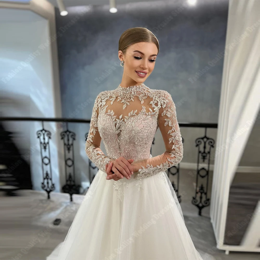 Fashion A-Line Women Wedding Dresses High Neck Mopping Length Bridal Gowns Romantic Bright Lace Fabric Princess Vestido De Novia