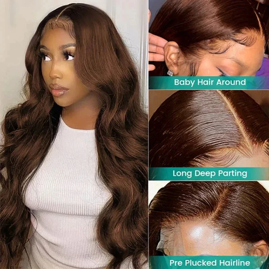 Perruque Lace Front Wig Body Wave Naturelle, Cheveux Humains, Brun Chocolat, Pre-Plucked, Transparente, En Solde