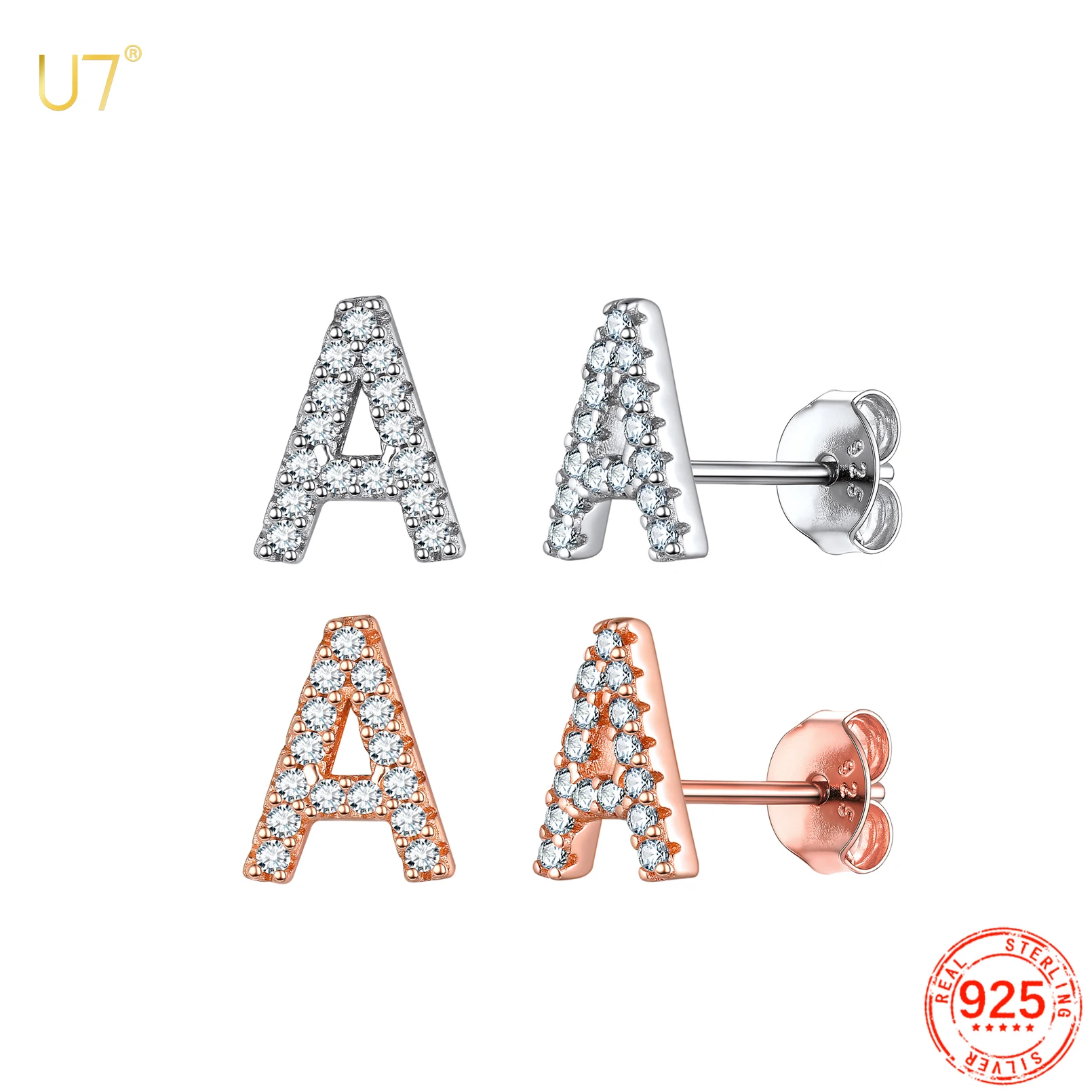 

U7 925 Sterling Silver CZ Letters Stud Earrings for Women Rose Gold Color White Cubic Zirconia Paved Dainty Pensonalized Jewelry