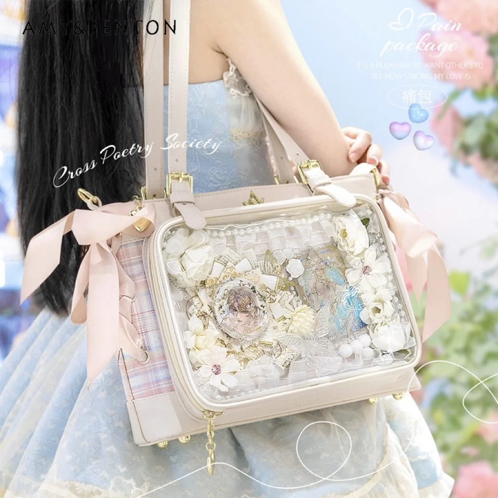 Original Sweet Cross Ribbon Bow Large Capacity Lolita Shoulder Bag Japanese Mine Plaid Stitching Transparent Kawaii Handbags