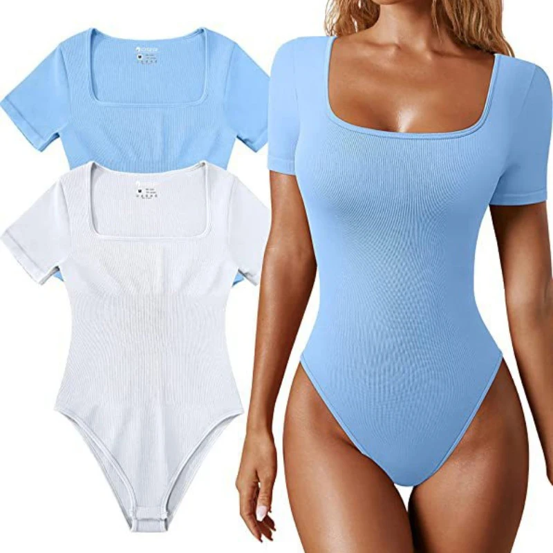 Sexy Square Neck Short Sleeve Solid Skinny Bodysuit Basic Underwear Casual T-Shirt Top Women Clothes Jumpsuit Simple New Summer