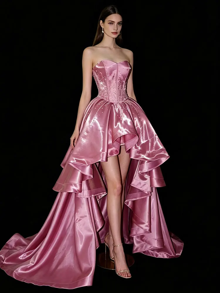 Lautaro Spring Long Luxury Sleeveless Strapless Pink RhinestoneElegant Evening Party Wedding Birthday Prom Dress for Women Dress