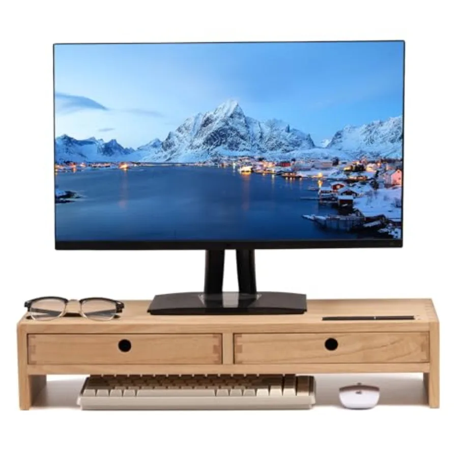 

Wood Monitor Stand with 2 Drawers, Solid Wood Computer Monitor Riser for Desk, Desktop Organizer Shelf with Cable Management, P