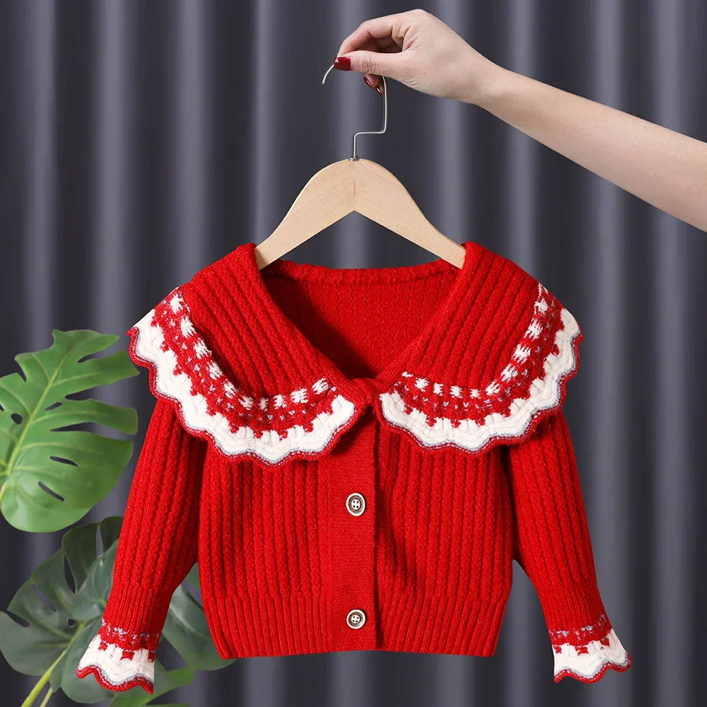 Korean Autumn Winter Infant Girl Sweater Cotton Thicken Peter Pen Collar Kids Girls Cardigan Floral Cuff Princess Belle Knitwear