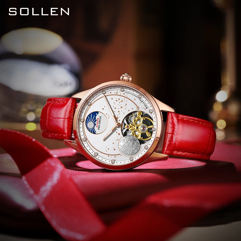 

Швейцарские женские автоматические механические часы SOLLEN класса люкс, водонепроницаемые, с сапфировым стеклом, стразами, скелетонизированным циферблатом и индикатором фазы Луны, модель SL465