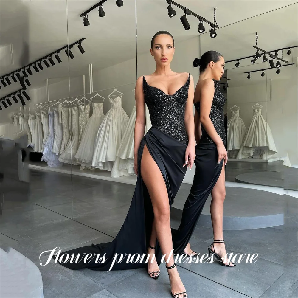 Flowers Black Alluring Prom Dress Sequined Bodice Celebrity Dress Sweetheart Evening Dress with High Slit Party Dress Customized