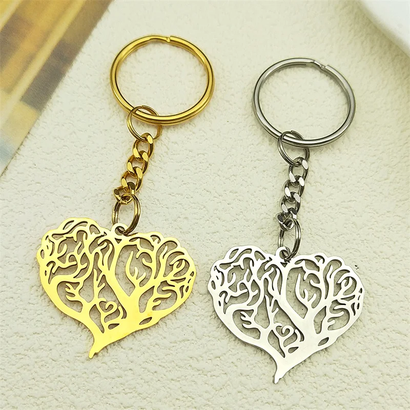 Fashion Tree of Life Heart Shaped Key Chains for Women Men Stainless Steel Gold Silver Color Plant Key Ring Jewelry Gift