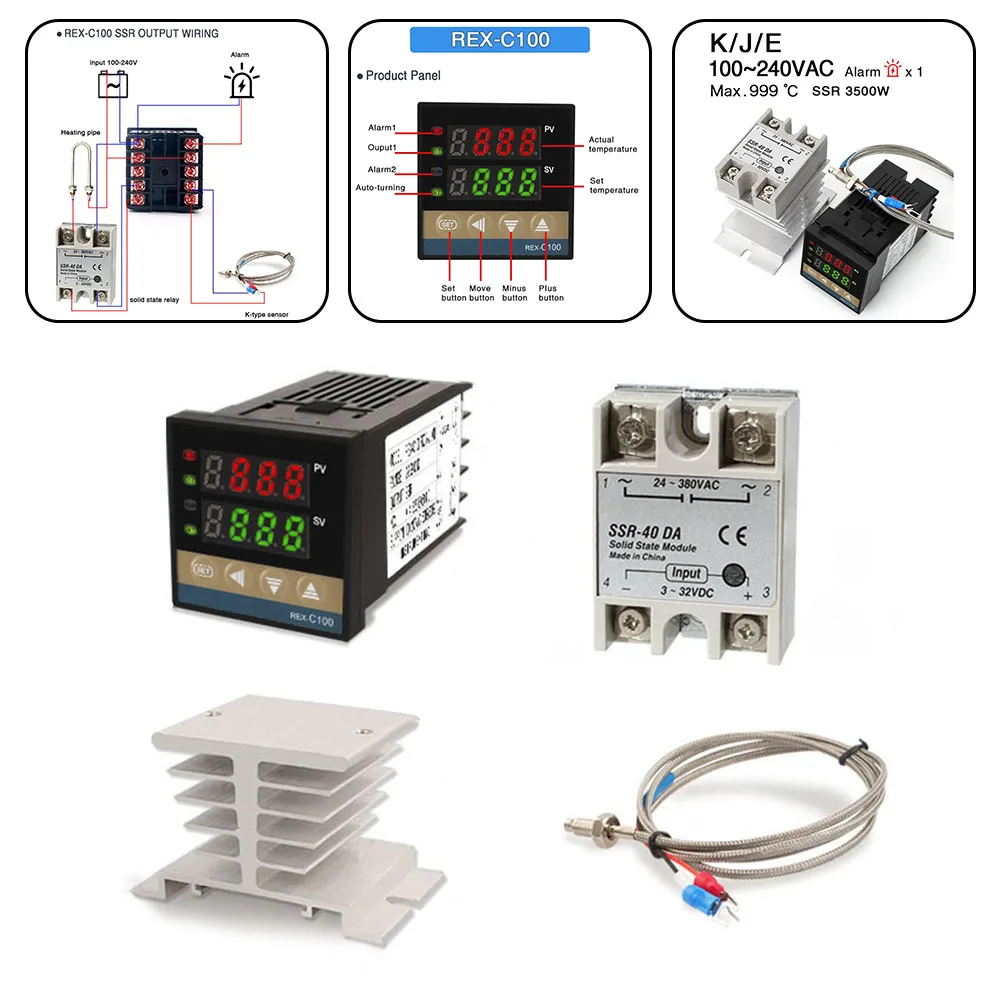 1pcs REX-C100 Digital PID Temperature Controller Thermostat SSR Output Max.40A SSR Relay K Thermocouple Probe High Quality