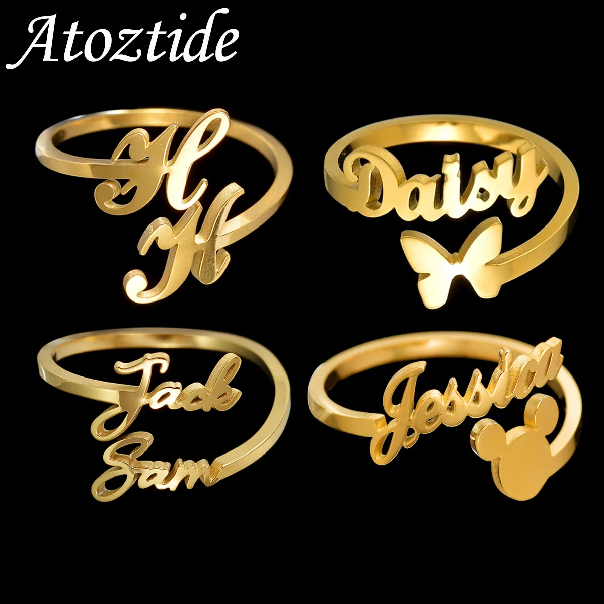 Atoztide Personalized Custom Names Rings for Women Stainless Steel Adjustable Heart Butterfly Letter Wedding Jewelry Gifts