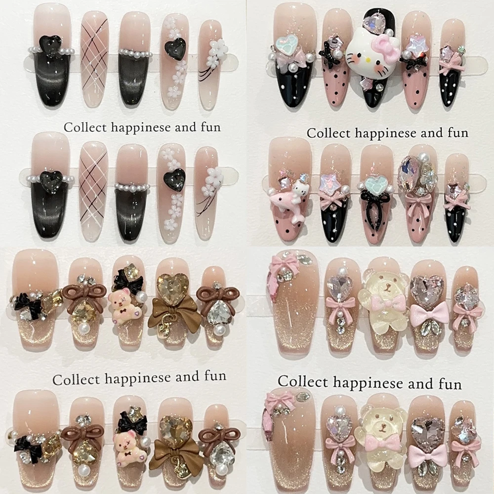 

Sweet Lovely Cartoon Hello Kitty Bear Long Coffin Stiletto Fake Nails Bowknot Pearl Diamond Flowers Cat Eyes Wearable Fake Nails