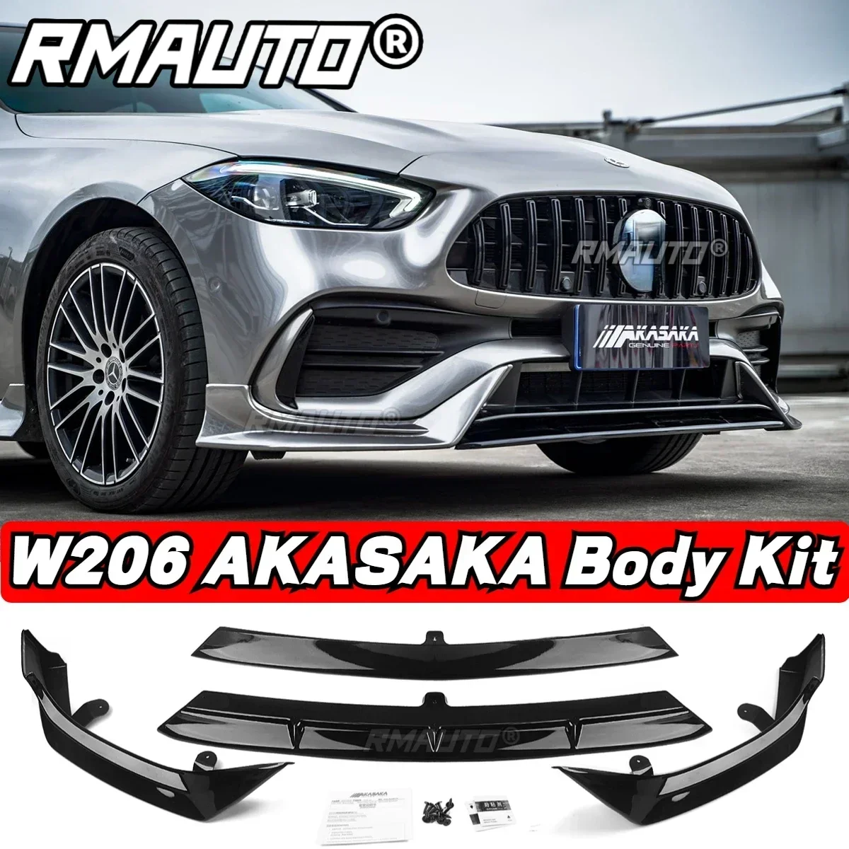 Difusor de Lábio Difusor Divisor, Spoiler Traseiro, Saia Lateral Racing Grill, Body Kit para Mercedes Benz Classe C W206 2022 + AKASAKA