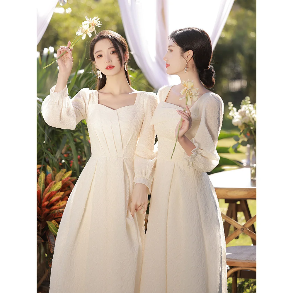 

Elegant Full Sleeve Bridesmaid Dress Jacquard Slim Square Collar A-Line Wedding Party Vestido Femme Cocktail Robe Demoiselle