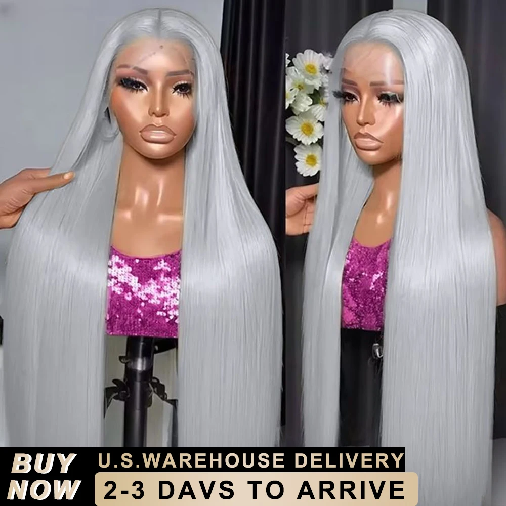 

13x6 Silver Grey Straight Lace Front Human Hair Wigs Brazilian Pre Plucked 40Inch Bone HD Transparent Lace Frontal Wig For Women