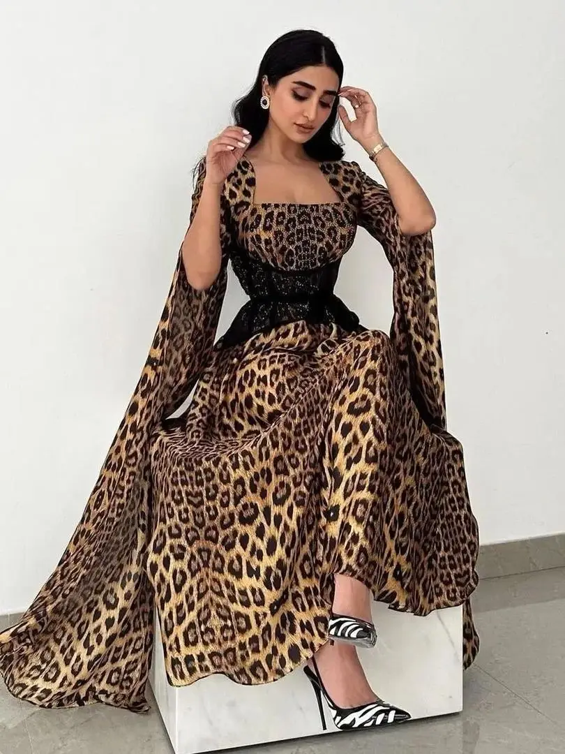 2024 Classic Boat Neck Leopard Cap Sleeve Ankle Length Prom Dress Waist Lace Belt Saudi Arabia Satin Evening Party فساتين سهره