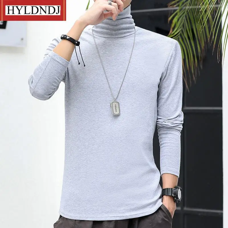 Male New Casual Jumpers Autumn Winter Turtleneck for Men Solid Colour Slim Elastic Pullover Long Sleeve T Shirts 2023