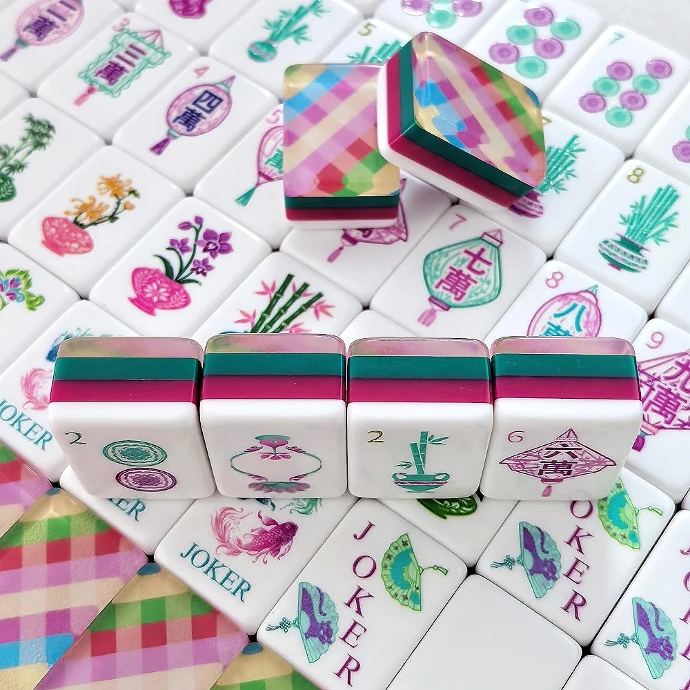 Pink Plaid Engraved Acrylic American Mahjong Tiles Set Carved Crystal Mah Jongg Luxury Indoor Table Game Present for Mahjong Fan
