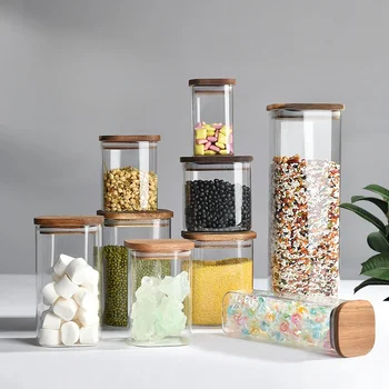 1 square kitchen organizer with wooden lid for storing sweets, sugar cubes, cereals, suitable for glass jars