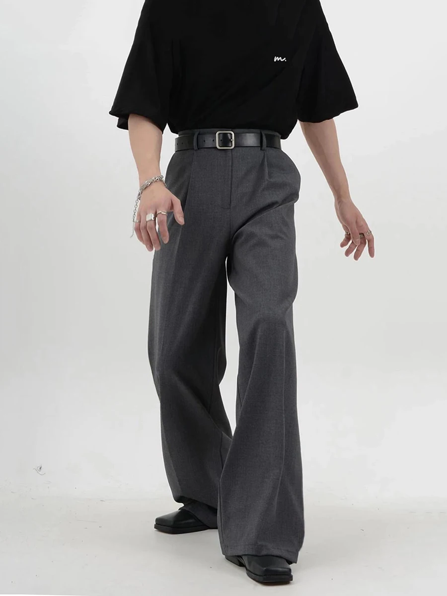 REDDACHiC Business Casual Men Suit Pants Gray Plain Wide Leg Pleated Front High Waist Pockets Draped Dress Pants Male Trousers