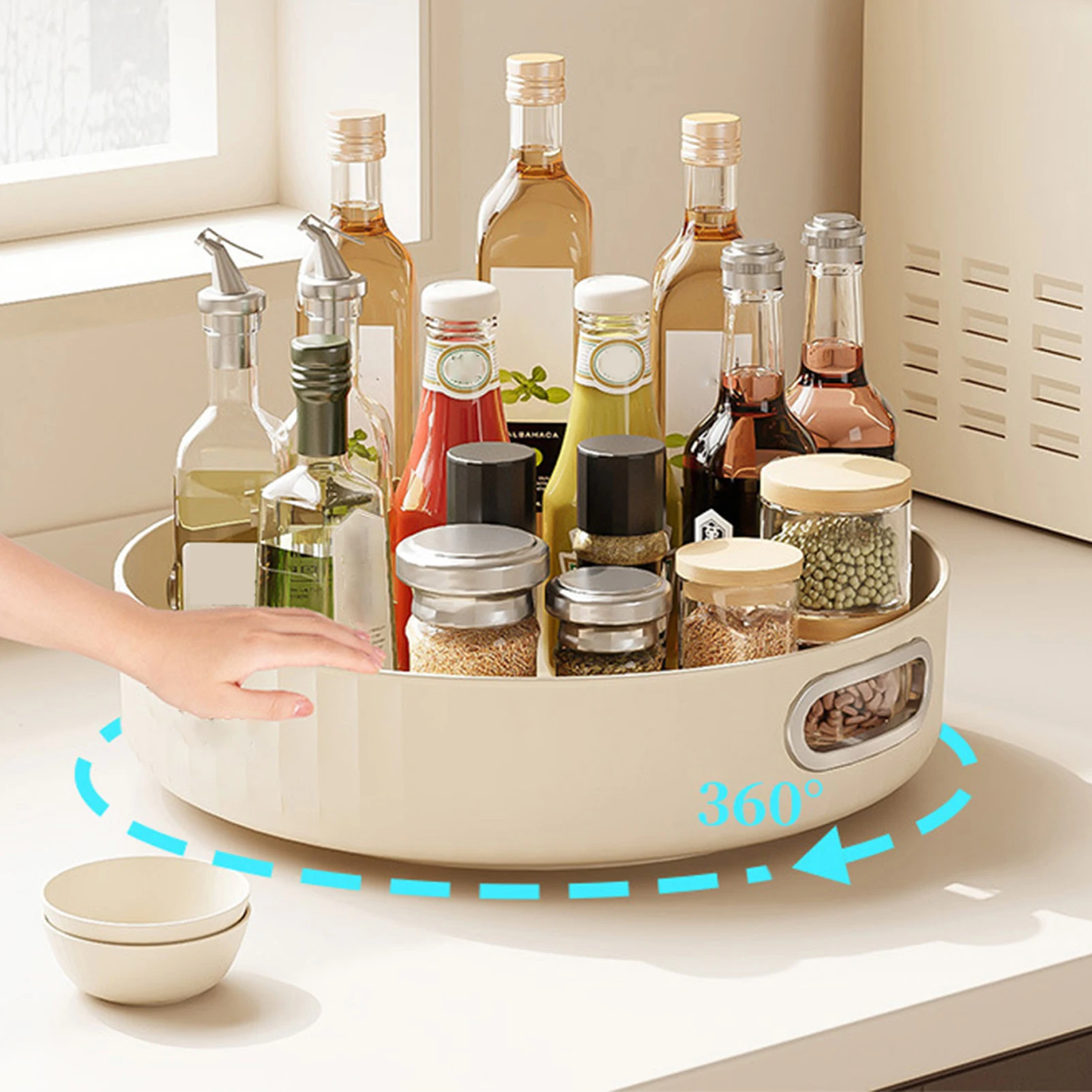 Creamy White Rotatable Round Tray Countertop Multi Purpose Storage Tray Rotating Storage Rack