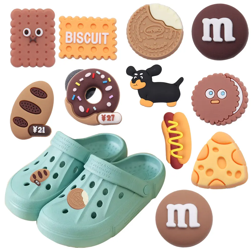 

Mix 50PCS PVC Cartoon Food Series Cheese Donut Chocolate Hot Dog Biscuit Bread Shoe Charms Decorations for Bracelets Kid Gift