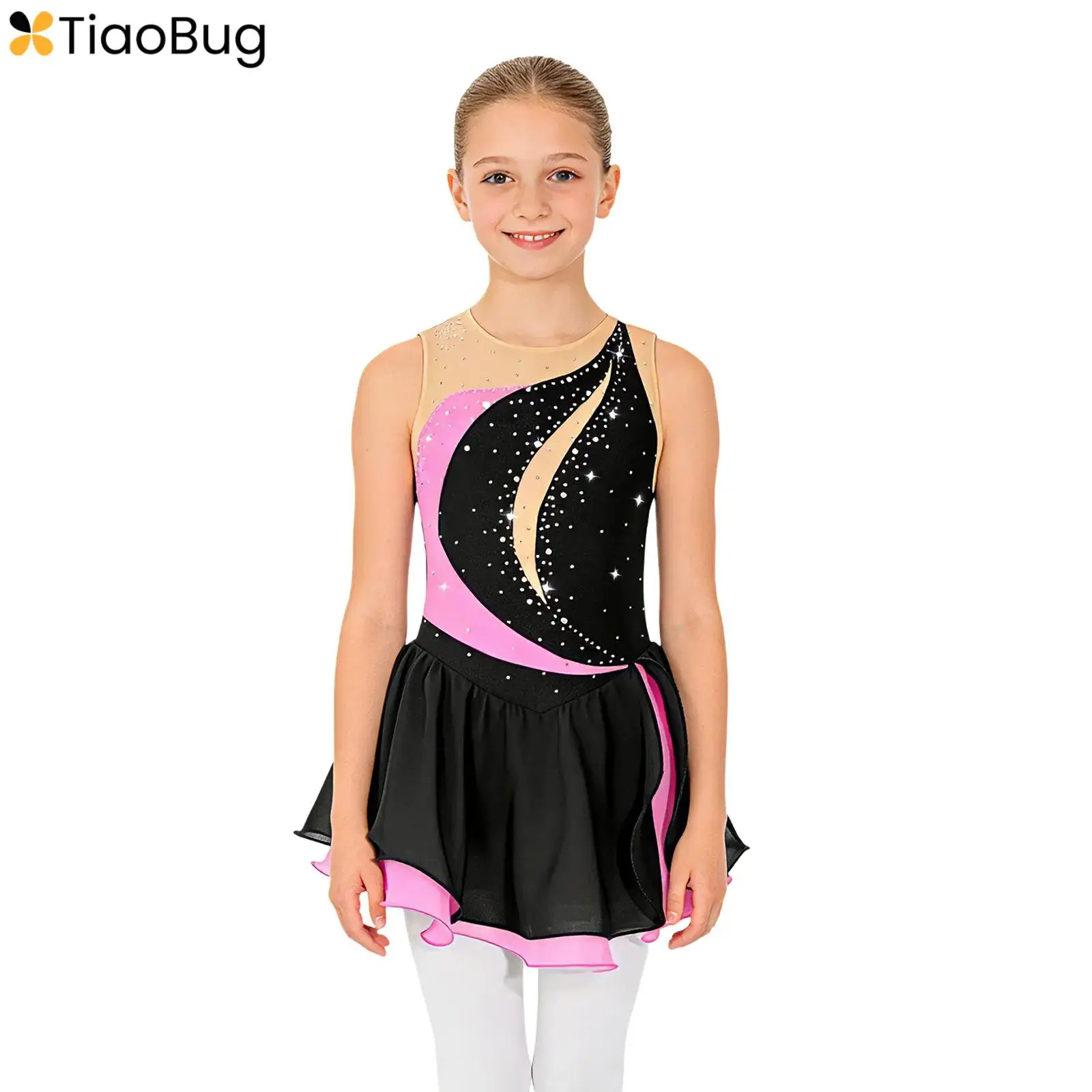 

Kids Girls Figure Skating Ballet Dance Dress Sleeveless Shiny Rhinestones Chiffon Ruffle Dress Gymnastics Performance Dancewear