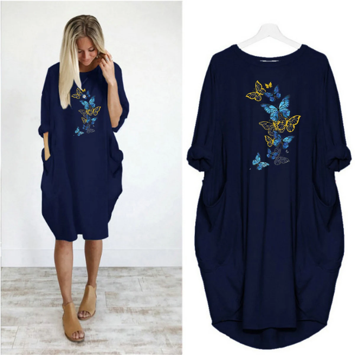 Women's Summer Loose butterfly Print Round Neck Long Sleeve Pocket Comfortable Casual Plus Size Dress