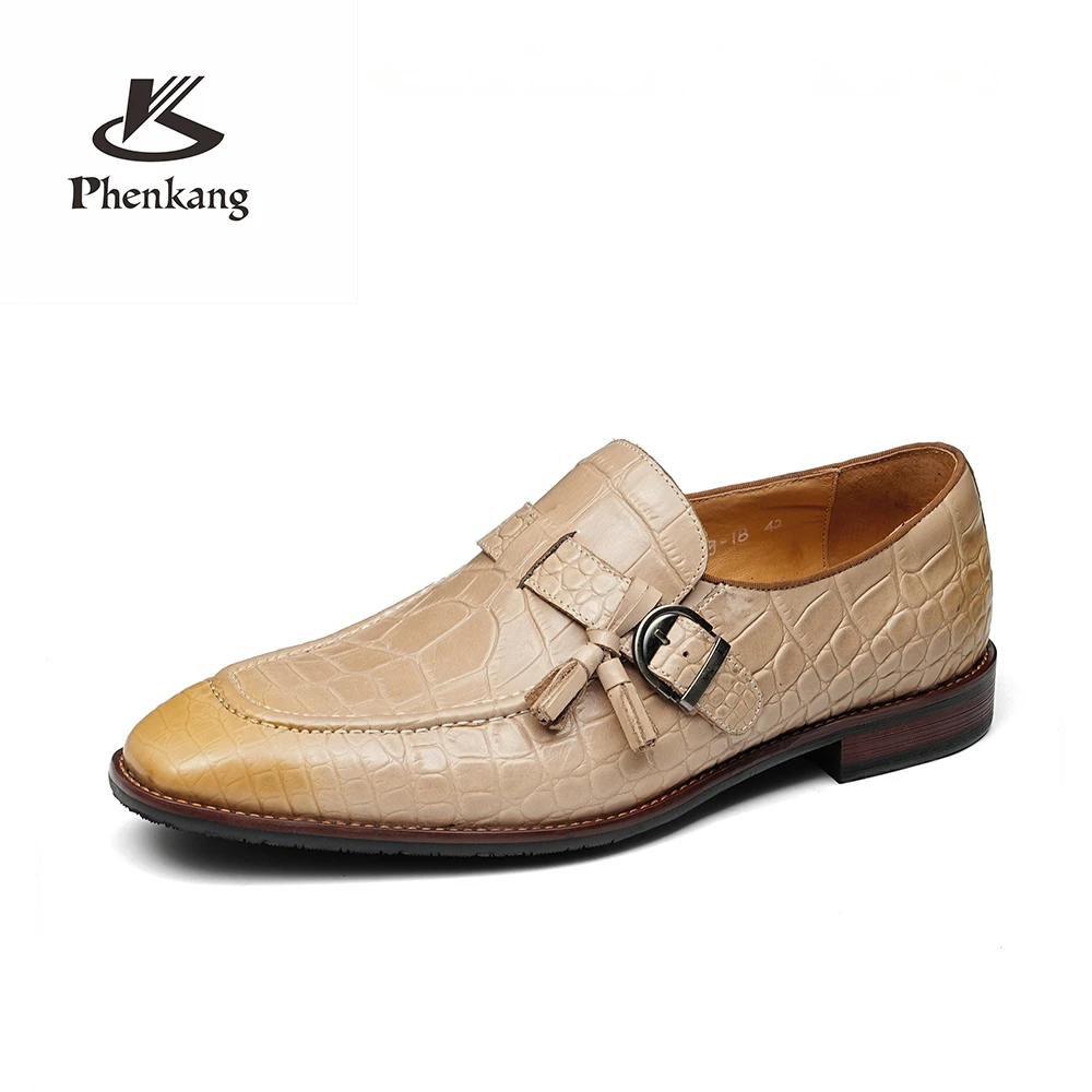 Men's Crocodile Pattern Monk Strap Loafers Genuine Leather Tassel Slip On Formal Business Dress Shoes Casual Office Wedding