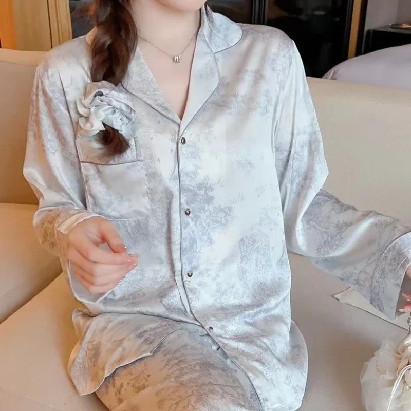 M-5XL Loose Brand Women Pajamas Set Luxury Sleepwear Print Smooth Faux Silk Pajama Set Home Clothe Nightclothes Summer Outfits