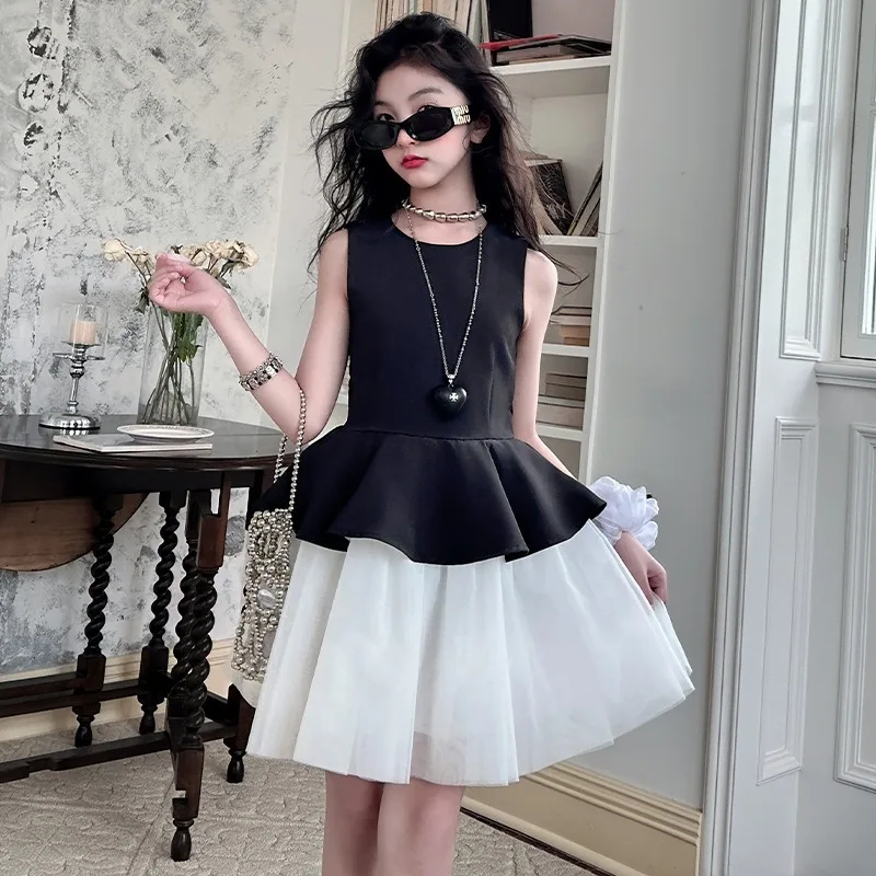 

Girls Summer Dress 2025 New Children's Collage Fashion Temperament Hepburn Style Fluffy Gauze Dress High-end Princess Dress